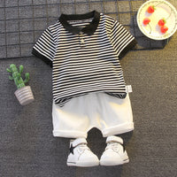 Load image into Gallery viewer, 2 Pieces Set Baby Kid Boys Striped Polo Shirts And Solid Color Shorts Wholesale 23022412
