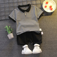 Load image into Gallery viewer, 2 Pieces Set Baby Kid Boys Striped Polo Shirts And Solid Color Shorts Wholesale 23022412
