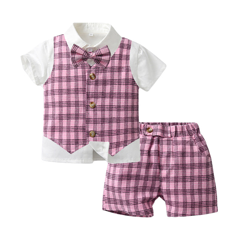 3 Pieces Set Baby Kid Boys Birthday Party Bow Shirts Checked Vests Waistcoats And Shorts Wholesale 230224127