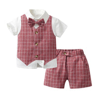 Load image into Gallery viewer, 3 Pieces Set Baby Kid Boys Birthday Party Bow Shirts Checked Vests Waistcoats And Shorts Wholesale 230224127
