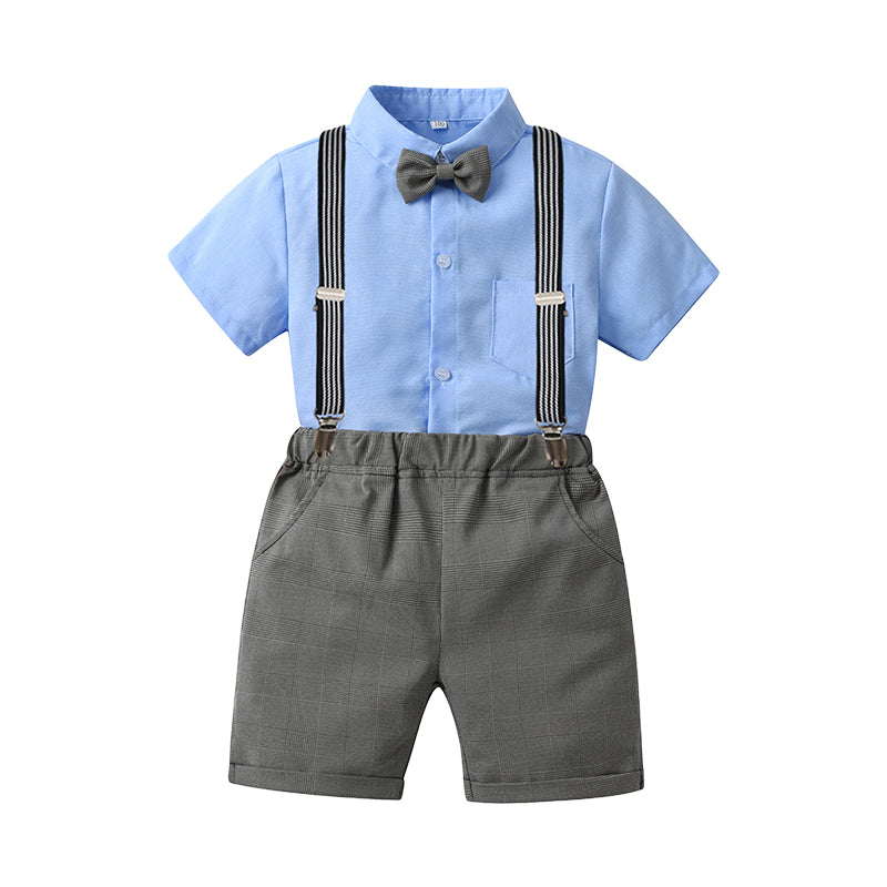 2 Pieces Set Baby Kid Boys Birthday Solid Color Bow Shirts And Checked Rompers Wholesale 230224131