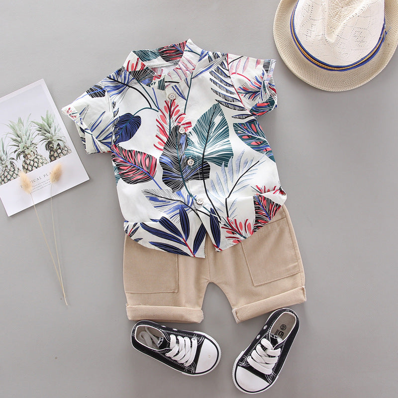 2 Pieces Set Baby Kid Boys Flower Plant Print Shirts And Solid Color Shorts Wholesale 23022414