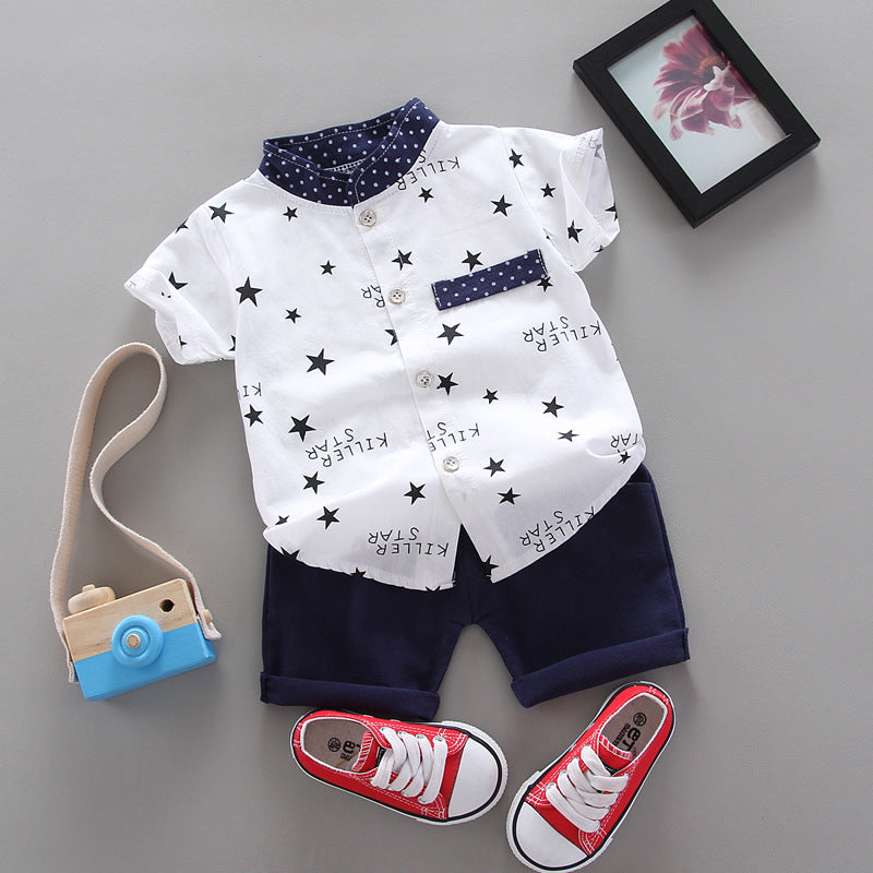 2 Pieces Set Baby Kid Boys Letters Galaxy Print Shirts And Solid Color Shorts Wholesale 23022415