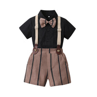 Load image into Gallery viewer, 2 Pieces Set Baby Kid Boys Birthday Party Solid Color Checked Bow Shirts And Striped Rompers Wholesale 230224151
