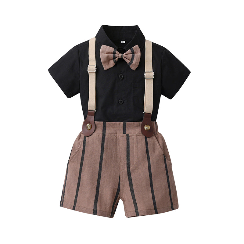 2 Pieces Set Baby Kid Boys Birthday Party Solid Color Checked Bow Shirts And Striped Rompers Wholesale 230224151