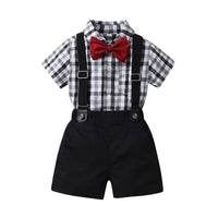 Load image into Gallery viewer, 2 Pieces Set Baby Kid Boys Birthday Party Solid Color Checked Bow Shirts And Striped Rompers Wholesale 230224151
