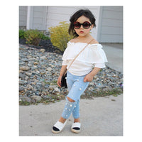 Load image into Gallery viewer, 2 Pieces Set Baby Kid Girls Solid Color Tops And Ripped Pants Wholesale 23022417
