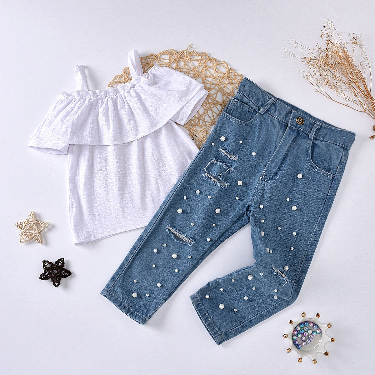 2 Pieces Set Baby Kid Girls Solid Color Tops And Ripped Pants Wholesale 23022417