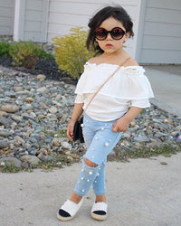 Load image into Gallery viewer, 2 Pieces Set Baby Kid Girls Solid Color Tops And Ripped Pants Wholesale 23022417
