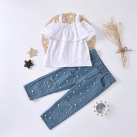 Load image into Gallery viewer, 2 Pieces Set Baby Kid Girls Solid Color Tops And Ripped Pants Wholesale 23022417
