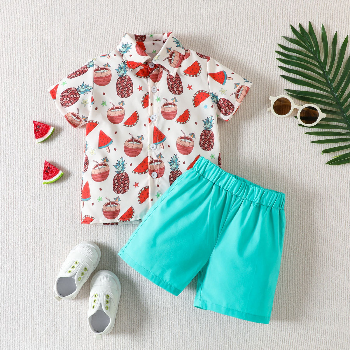 2 Pieces Set Baby Kid Boys Tropical Print Shirts And Solid Color Shorts Wholesale 230224183