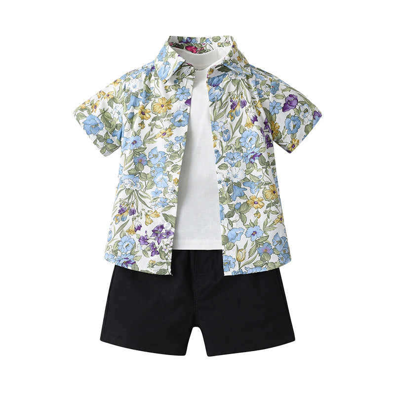 3 Pieces Set Baby Kid Boys Solid Color T-Shirts Flower Print Shirts And Shorts Wholesale 230224193