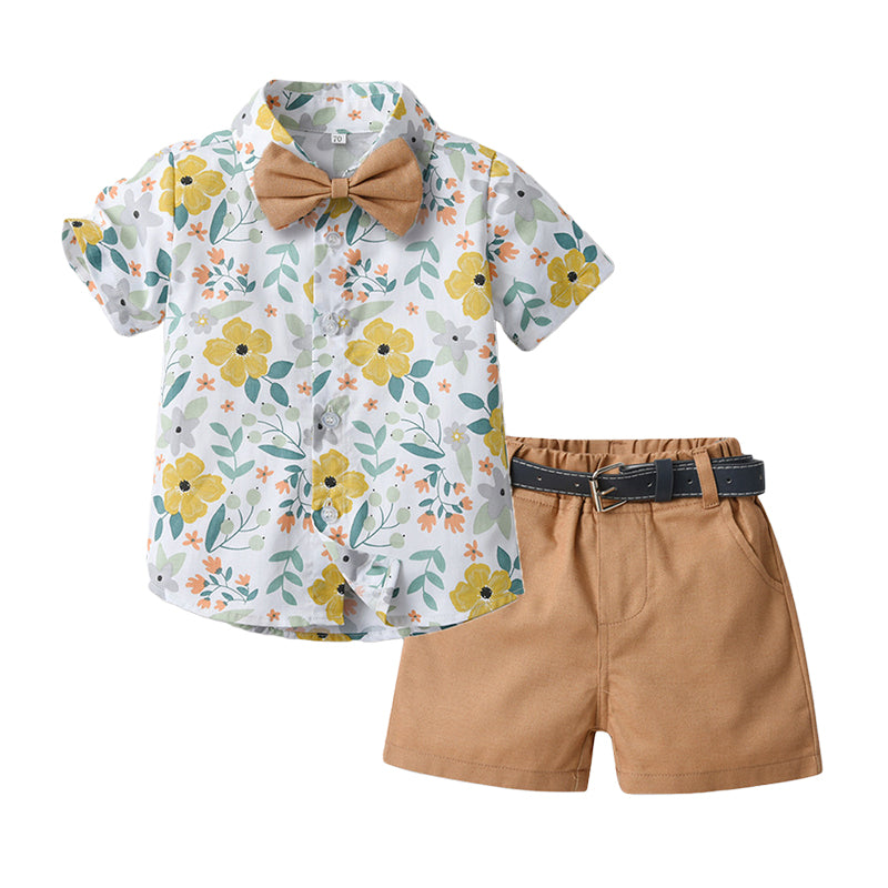 2 Pieces Set Baby Kid Boys Birthday Party Flower Bow Print Shirts And Solid Color Shorts Wholesale 230224194