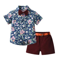 Load image into Gallery viewer, 2 Pieces Set Baby Kid Boys Birthday Party Flower Bow Print Shirts And Solid Color Shorts Wholesale 230224194
