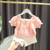 Load image into Gallery viewer, 2 Pieces Set Baby Kid Girls Checked Shirts And Solid Color Shorts Wholesale 23022420
