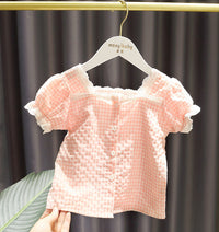 Load image into Gallery viewer, 2 Pieces Set Baby Kid Girls Checked Shirts And Solid Color Shorts Wholesale 23022420
