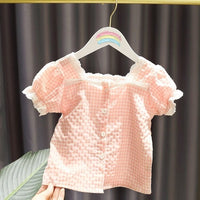 Load image into Gallery viewer, 2 Pieces Set Baby Kid Girls Checked Shirts And Solid Color Shorts Wholesale 23022420
