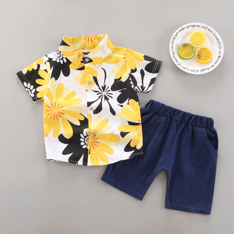 2 Pieces Set Baby Kid Boys Flower Print Shirts And Solid Color Shorts Wholesale 23022421