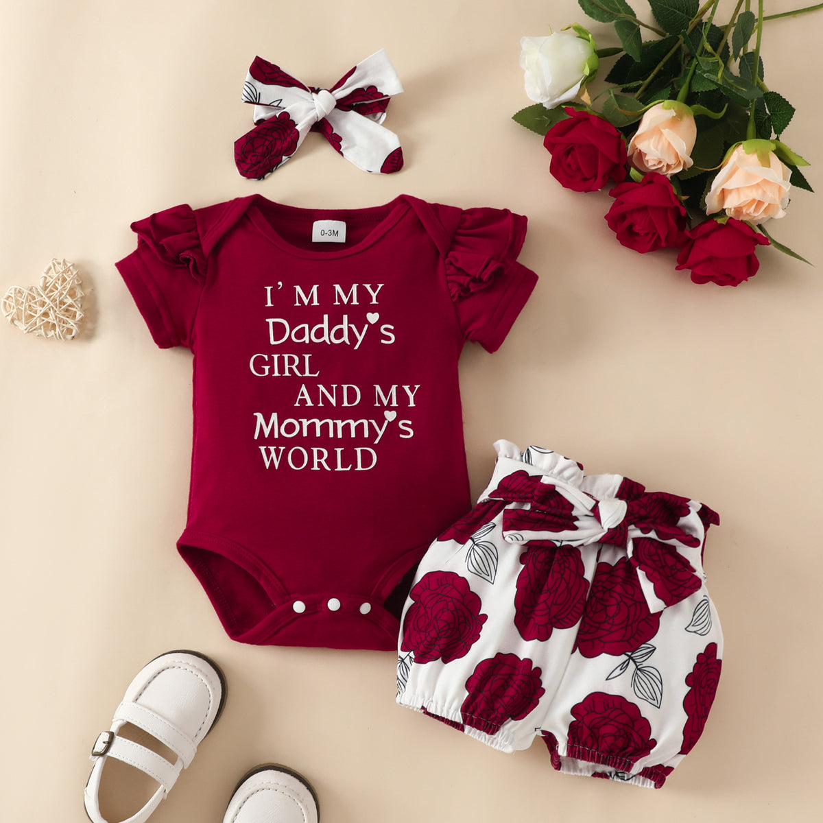 3 Pieces Set Baby Girls Letters Rompers And Flower Print Shorts And Bow Headwear Wholesale 230224215