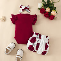 Load image into Gallery viewer, 3 Pieces Set Baby Girls Letters Rompers And Flower Print Shorts And Bow Headwear Wholesale 230224215
