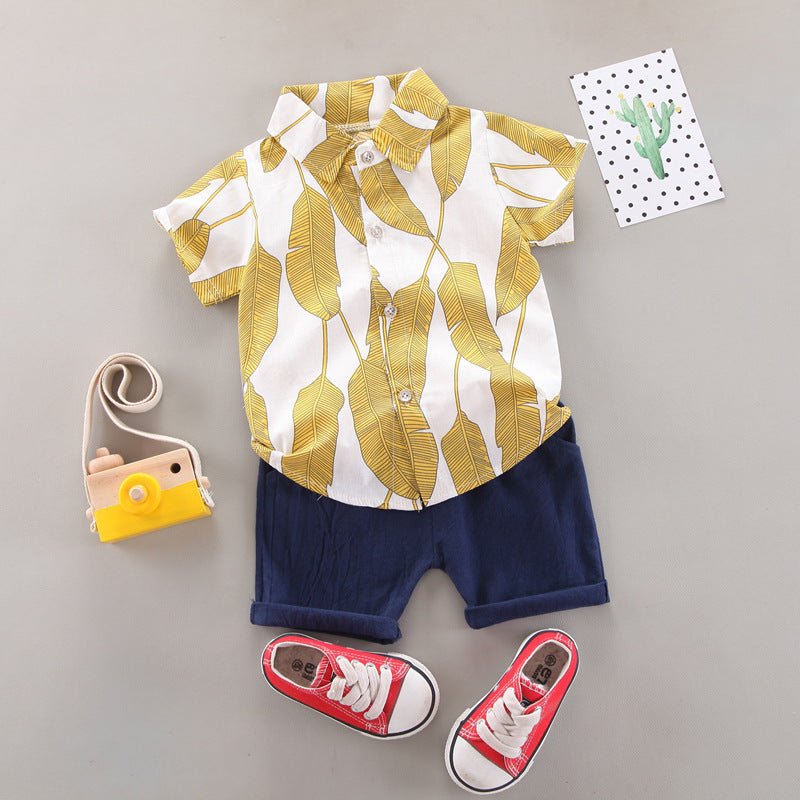 2 Pieces Set Baby Kid Boys Flower Print Shirts And Solid Color Shorts Wholesale 23022422