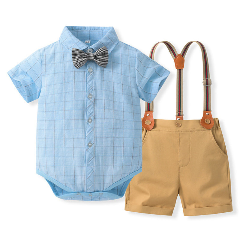 3 Pieces Set Baby Boys Checked Bow Rompers And Solid Color Shorts And Others accessories Wholesale 230224226