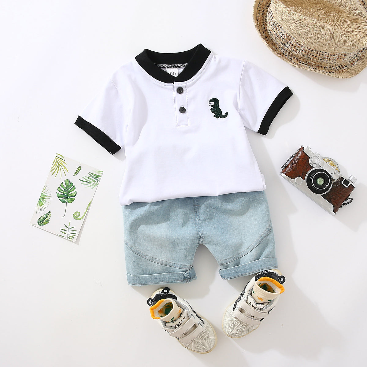 2 Pieces Set Baby Kid Boys Cartoon Embroidered Polo Shirts And Solid Color Shorts Wholesale 23022423