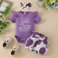 Load image into Gallery viewer, 3 Pieces Set Baby Girls Letters Rompers And Flower Print Shorts And Bow Headwear Wholesale 230224230
