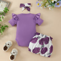 Load image into Gallery viewer, 3 Pieces Set Baby Girls Letters Rompers And Flower Print Shorts And Bow Headwear Wholesale 230224230
