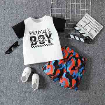 2 Pieces Set Baby Kid Boys Letters Color-blocking T-Shirts And Camo Shorts Wholesale 230224244