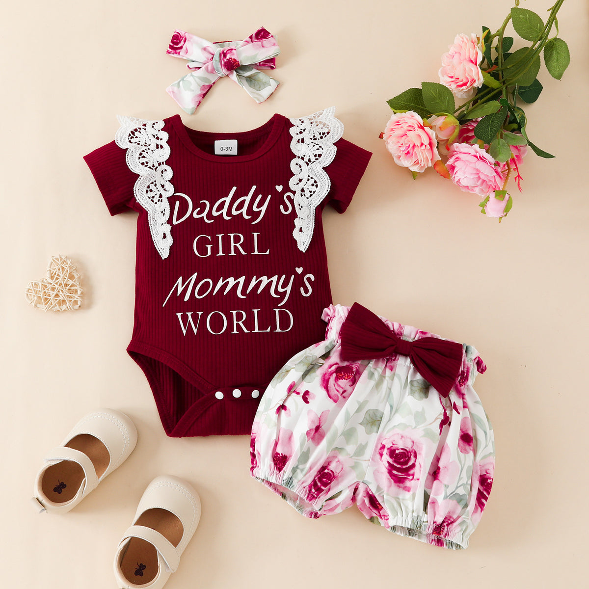 2 Pieces Set Baby Girls Letters Lace Print Rompers And Flower Shorts Wholesale 230224245