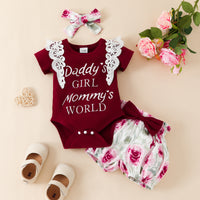 Load image into Gallery viewer, 2 Pieces Set Baby Girls Letters Lace Print Rompers And Flower Shorts Wholesale 230224245
