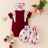 Load image into Gallery viewer, 2 Pieces Set Baby Girls Letters Lace Print Rompers And Flower Shorts Wholesale 230224245
