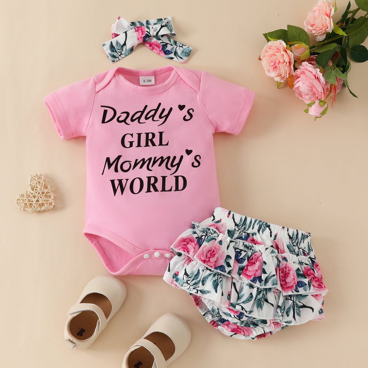 3 Pieces Set Baby Girls Letters Rompers Flower Shorts And Bow Headwear Wholesale 230224247
