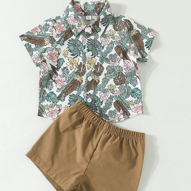 2 Pieces Set Baby Kid Boys Flower Plant Print Shirts And Solid Color Shorts Wholesale 230224248