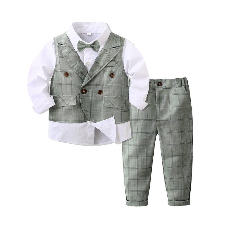 3 Pieces Set Baby Kid Boys Dressy Birthday Solid Color Bow Shirts Checked Vests Waistcoats And Pants Wholesale 230224253