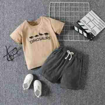 2 Pieces Set Baby Kid Boys Letters Dinosaur Print T-Shirts And Solid Color Ribbon Shorts Wholesale 230224258