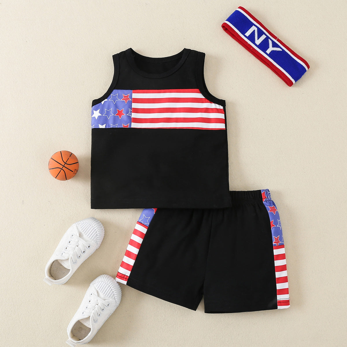 2 Pieces Set Baby Kid Boys Independence Day Striped Star Print Tank Tops And Shorts Wholesale 23022464