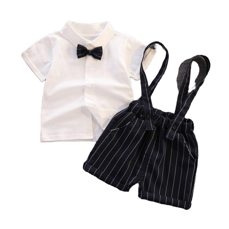 2 Pieces Set Baby Kid Boys Solid Color Bow Shirts And Striped Rompers Wholesale 23022474