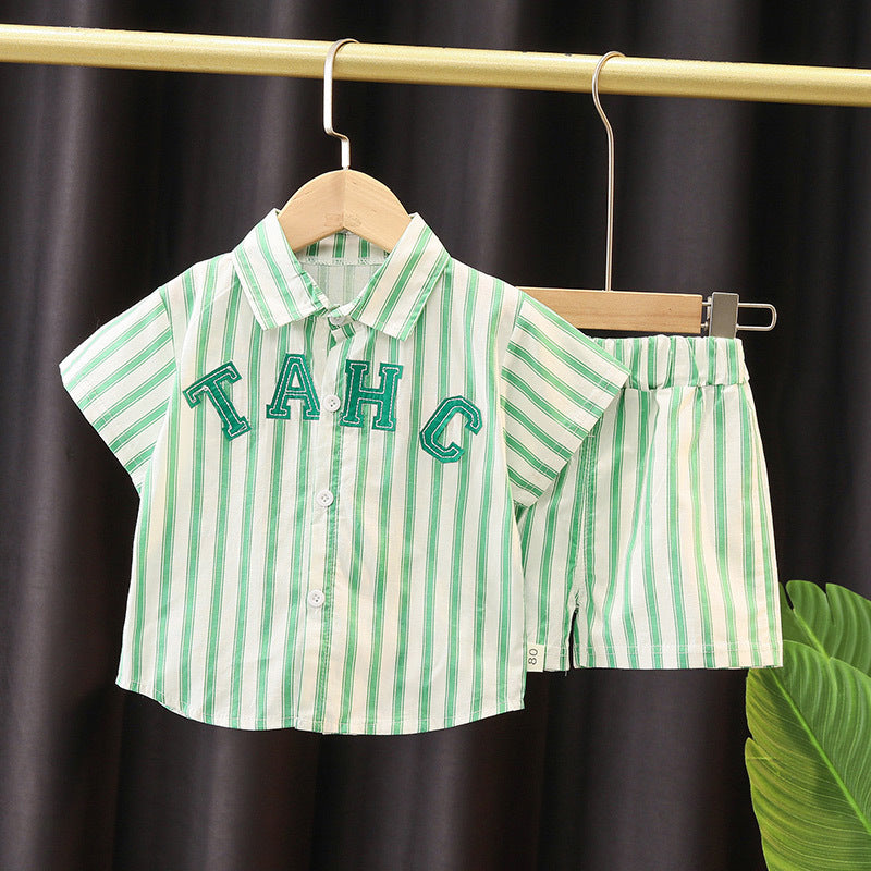 2 Pieces Set Baby Kid Boys Striped Animals Cartoon Print Shirts And Shorts Wholesale 23022486