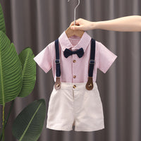 Load image into Gallery viewer, 2 Pieces Set Baby Kid Boys Dressy Striped Bow Shirts And Solid Color Suits Jumpsuits Wholesale 23022492

