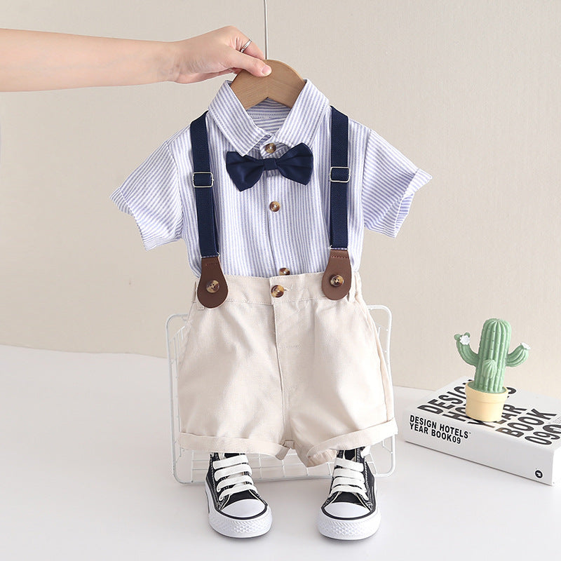 2 Pieces Set Baby Kid Boys Dressy Striped Bow Shirts And Solid Color Suits Jumpsuits Wholesale 23022492