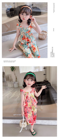 Load image into Gallery viewer, 2 Pieces Set Baby Kid Girls Flower Print Tank Tops And Pants Wholesale 230227711
