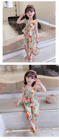 Load image into Gallery viewer, 2 Pieces Set Baby Kid Girls Flower Print Tank Tops And Pants Wholesale 230227711

