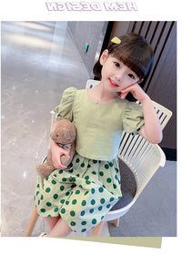 Load image into Gallery viewer, 2 Pieces Set Baby Kid Girls Solid Color Tops And Polka dots Pants Wholesale 230227725
