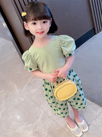 Load image into Gallery viewer, 2 Pieces Set Baby Kid Girls Solid Color Tops And Polka dots Pants Wholesale 230227725
