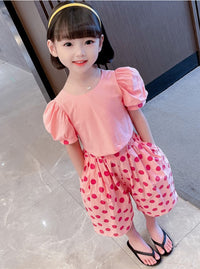 Load image into Gallery viewer, 2 Pieces Set Baby Kid Girls Solid Color Tops And Polka dots Pants Wholesale 230227725
