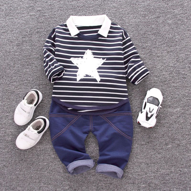 2 Pieces Set Baby Kid Boys Striped Print Tops And Solid Color Pants Wholesale 23022817