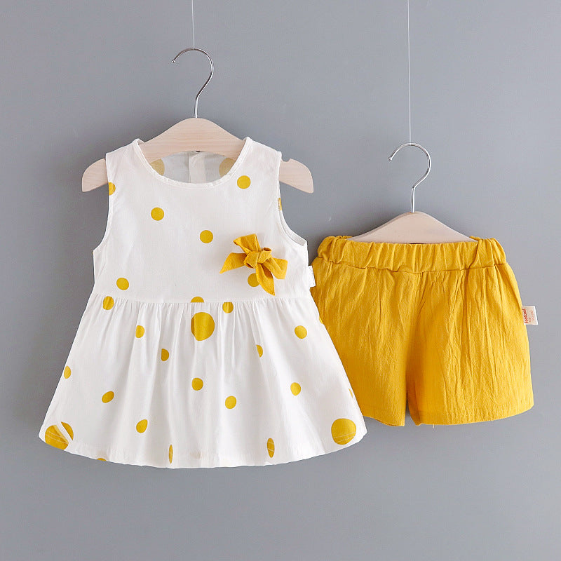 2 Pieces Set Baby Kid Girls Polka dots Bow Tops And Solid Color Shorts Wholesale 230228182