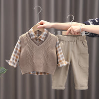 Load image into Gallery viewer, 3 Pieces Set Baby Kid Boys Checked Shirts Crochet Vests Waistcoats And Solid Color Pants Wholesale 230228207
